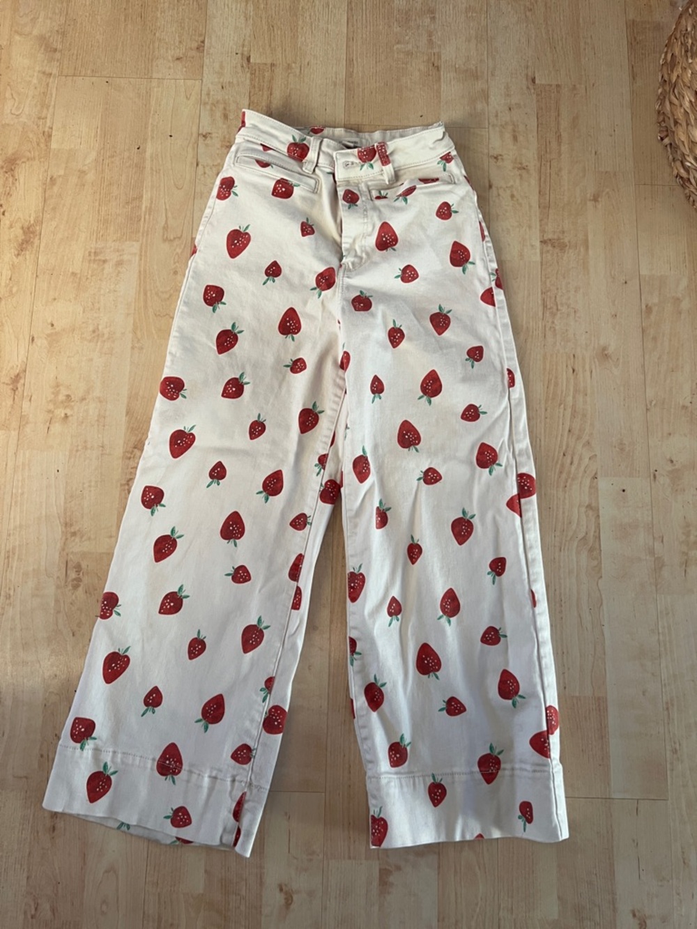 White Wide-Leg Pants with Red Strawberry Print